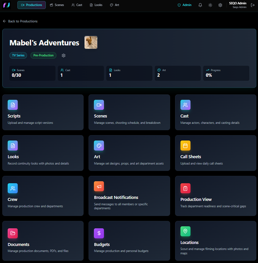 Seqo continuity software interface for TV and film production departments